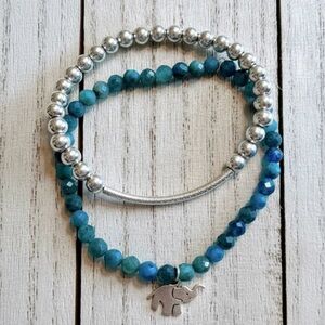 Blue Apatite & Sterling Silver Elephant Charm Bracelet Set – 2 Pieces